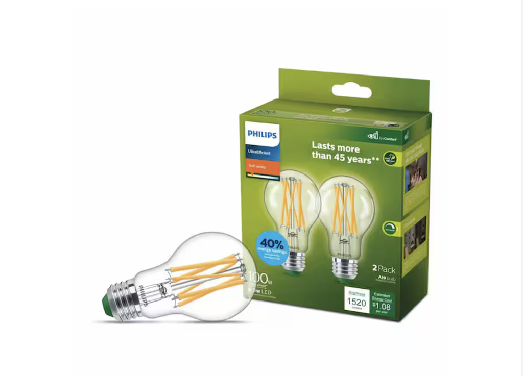 100-Watt Equivalent A19 Ultra Efficient Clear LED Light Bulb 2700K 2-Pack