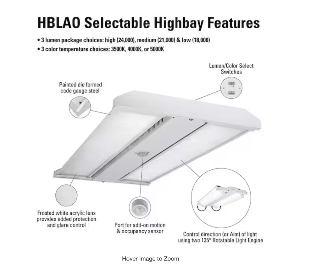 2 ft. 400-Watt Equivalent LED Highbay with Adjustable Optics, Selectable 18K/21K/24K Lumens and 3500/4000/5000 Sel CCT