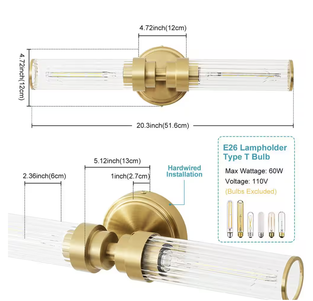 2-Light Vintage Gold Wall Sconce with Fristed Clear Glass Shade 